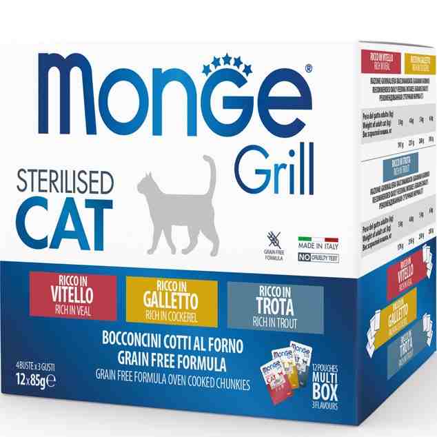 پوچ گربه بالغ مدل Grill مخصوص عقیم شده، قزل‌آلا، گوساله و خروس ایتالیایی - هر بسته 12 عدد