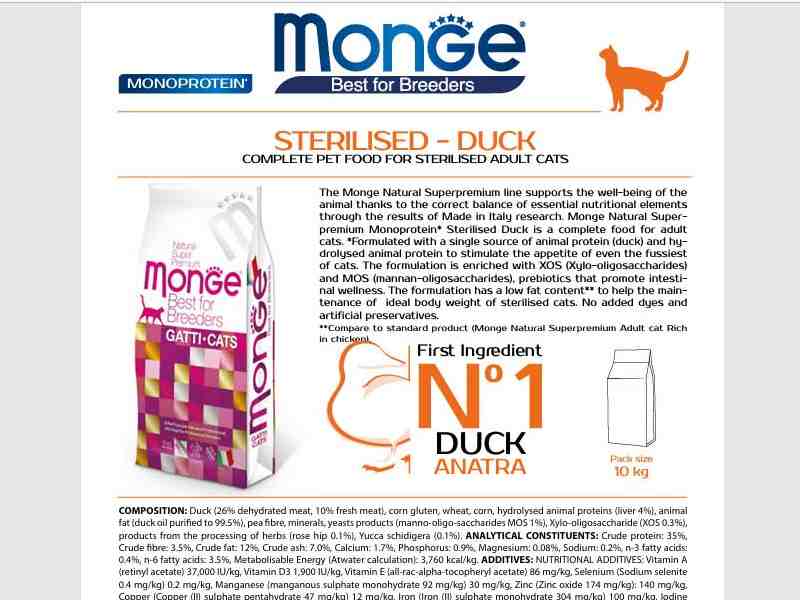 غذای خشک گربه بالغ Breeders مدل Monoprotein مخصوص عقیم شده، اردک 10 کیلویی