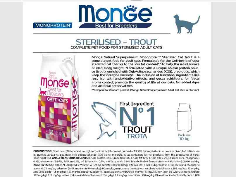 غذای خشک گربه بالغ Breeders مدل Monoprotein مخصوص عقیم شده، قزل‌آلا و برنج 10 کیلویی