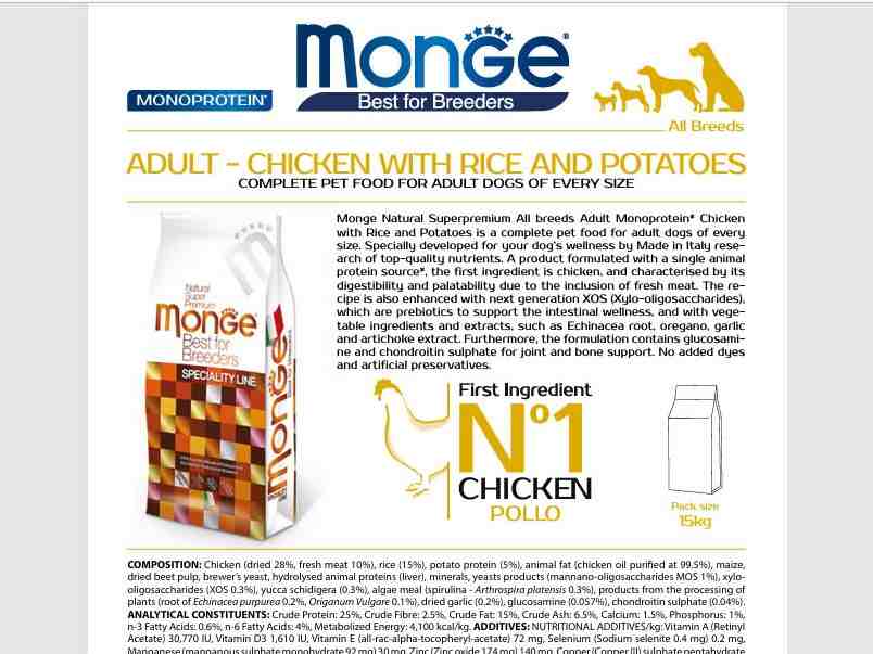 غذای خشک سگ بالغ Breeders مدل Monoprotein ، مرغ و برنج و سیب زمینی - 15 کیلویی