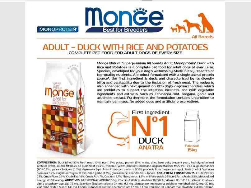 غذای خشک سگ بالغ Breeders مدل Monoprotein ، اردک و برنج و سیب زمینی - 15 کیلویی