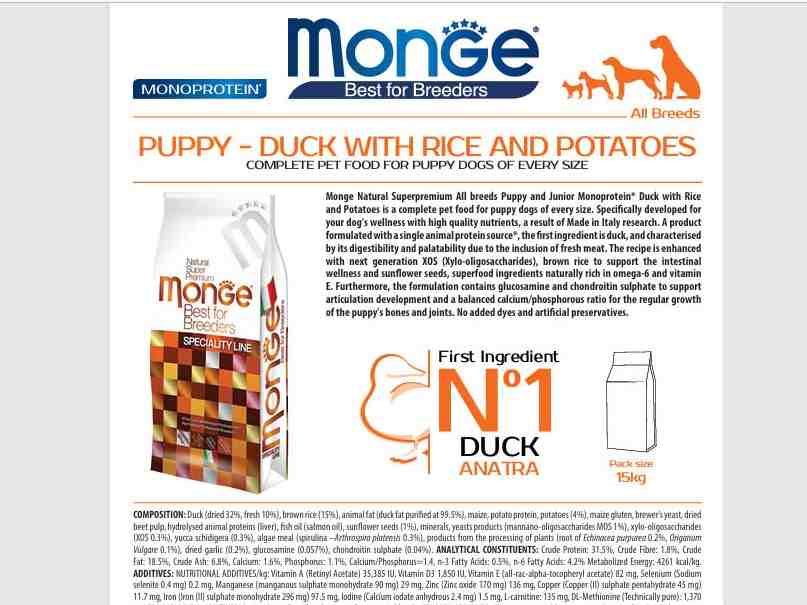 غذای خشک سگ پاپی و جونیور Breeders مدل Monoprotein ، اردک و برنج و سیب زمینی - 15 کیلویی