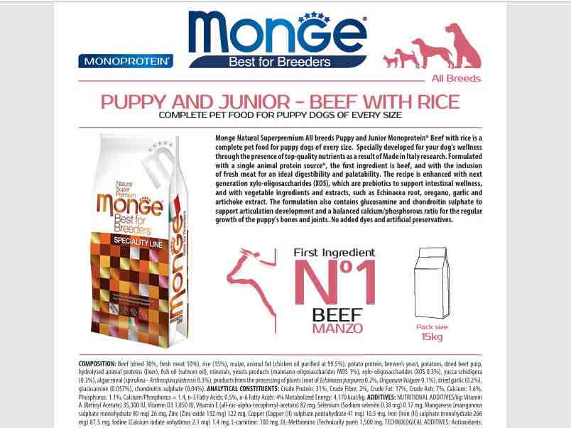 غذای خشک سگ پاپی و جونیور Breeders مدل Monoprotein ، گاو و برنج- 15 کیلویی