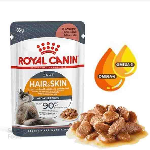 پوچ گربه پوست و مو هیرانداسکین Hair&Skin تکه نازک سس رویال کنین 85 گرم