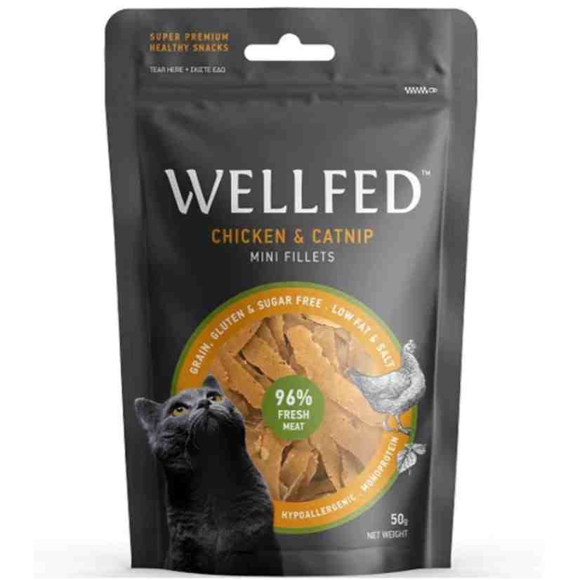 تشویقی گربه ولفد مرغ و کت‌نیپ Wellfed chicken/catnip mini fillets 2104